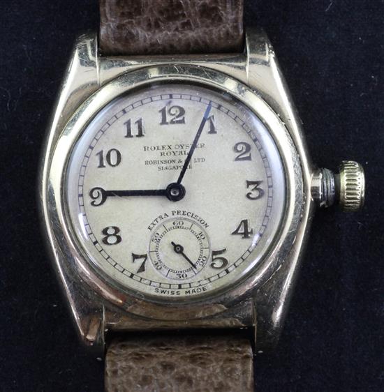 A gentlemans 1930s 9ct gold Rolex Oyster Royale manual wind wrist watch.